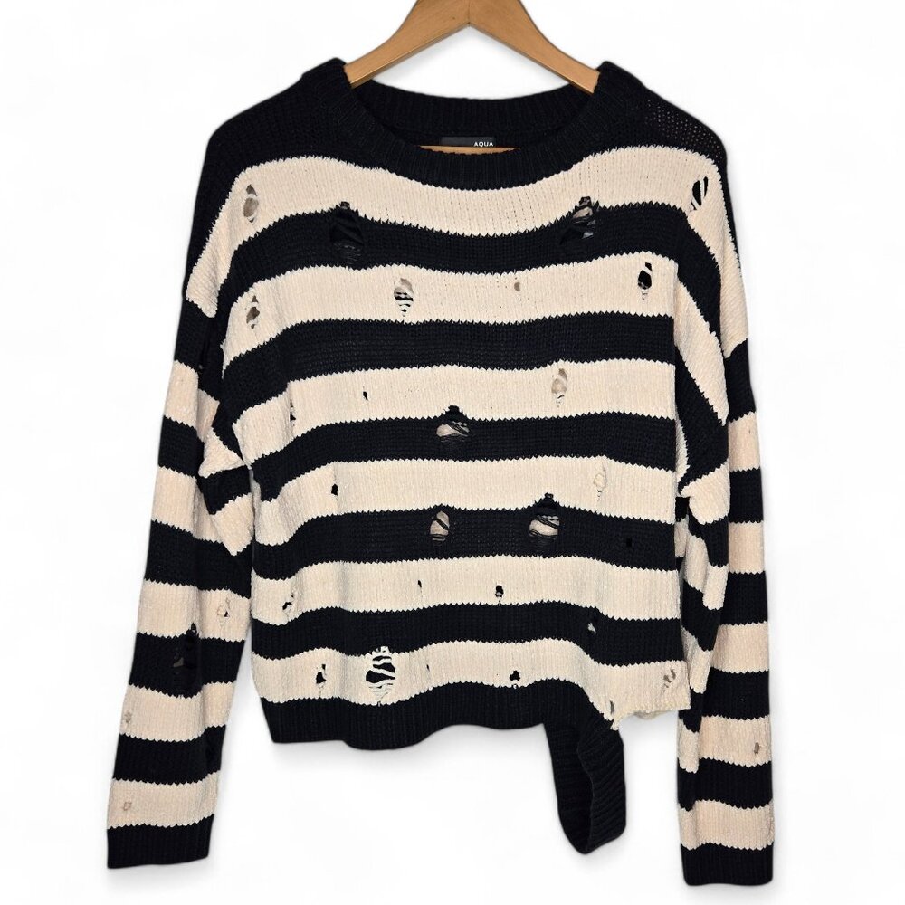 Aqua Distressed Stripe Sweater Women's Soft Oversized Grunge Nautical Cobain XS